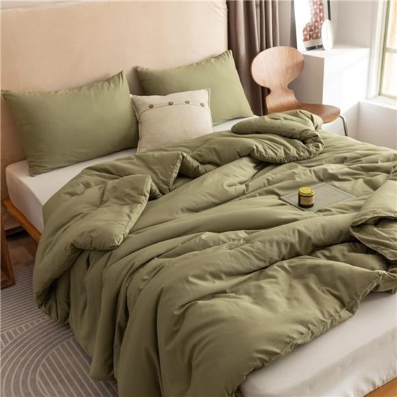 Premium Queen Comforter Set Olive Green 3pcs Bedding Sets Lightweight Blanket - Picture 1 of 8